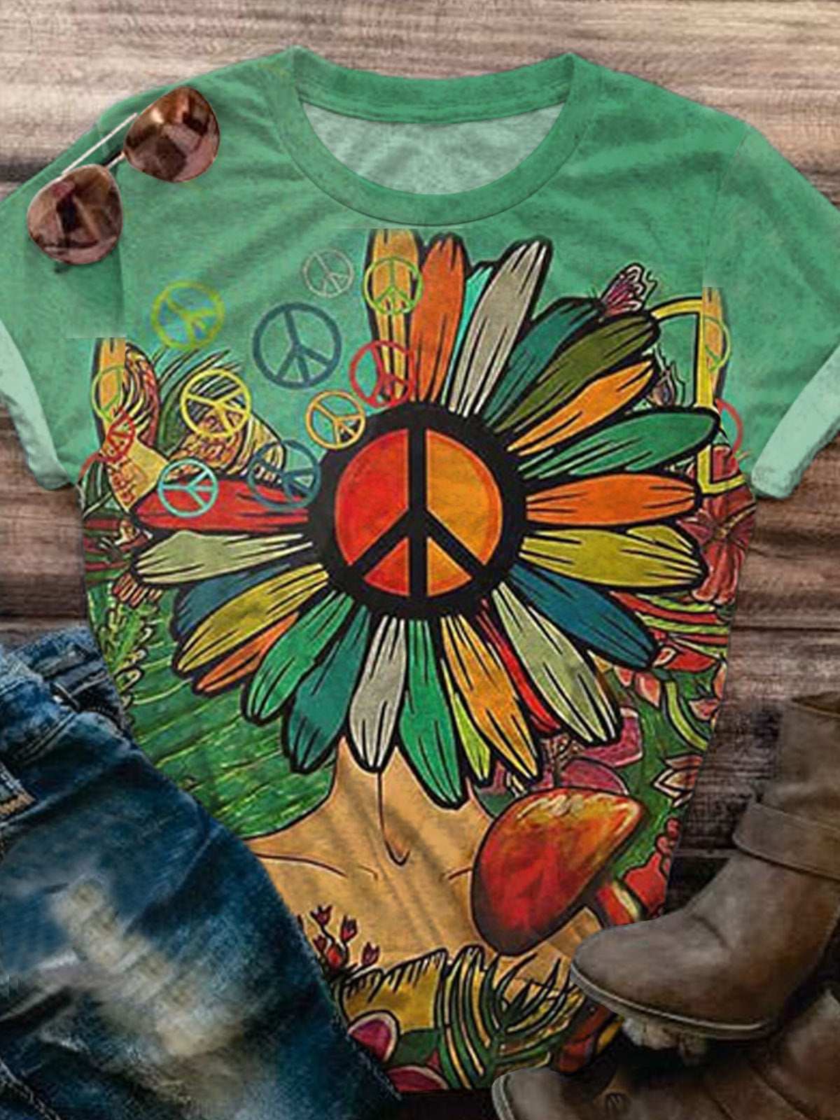 Hippie Vintage Print Crew Neck T Shirt Wonder Closets