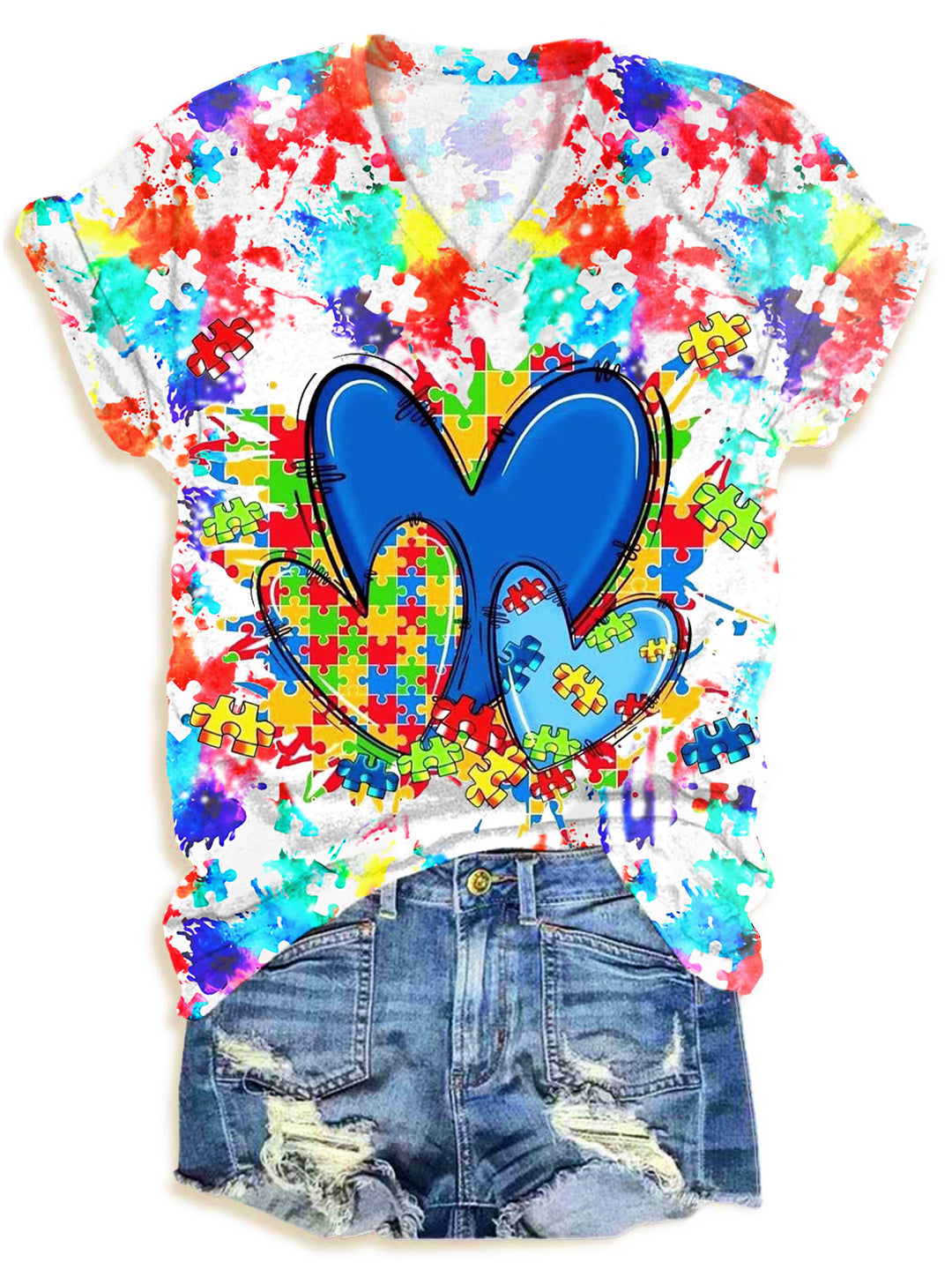 Women's Autism Heart Print V-neck T-Shirt