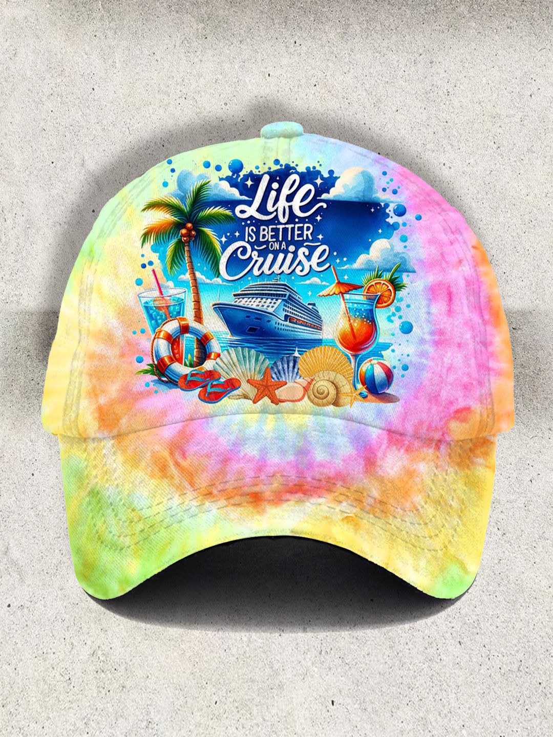 Life Is Better on A Cruise Tie Dye Print Baseball Cap