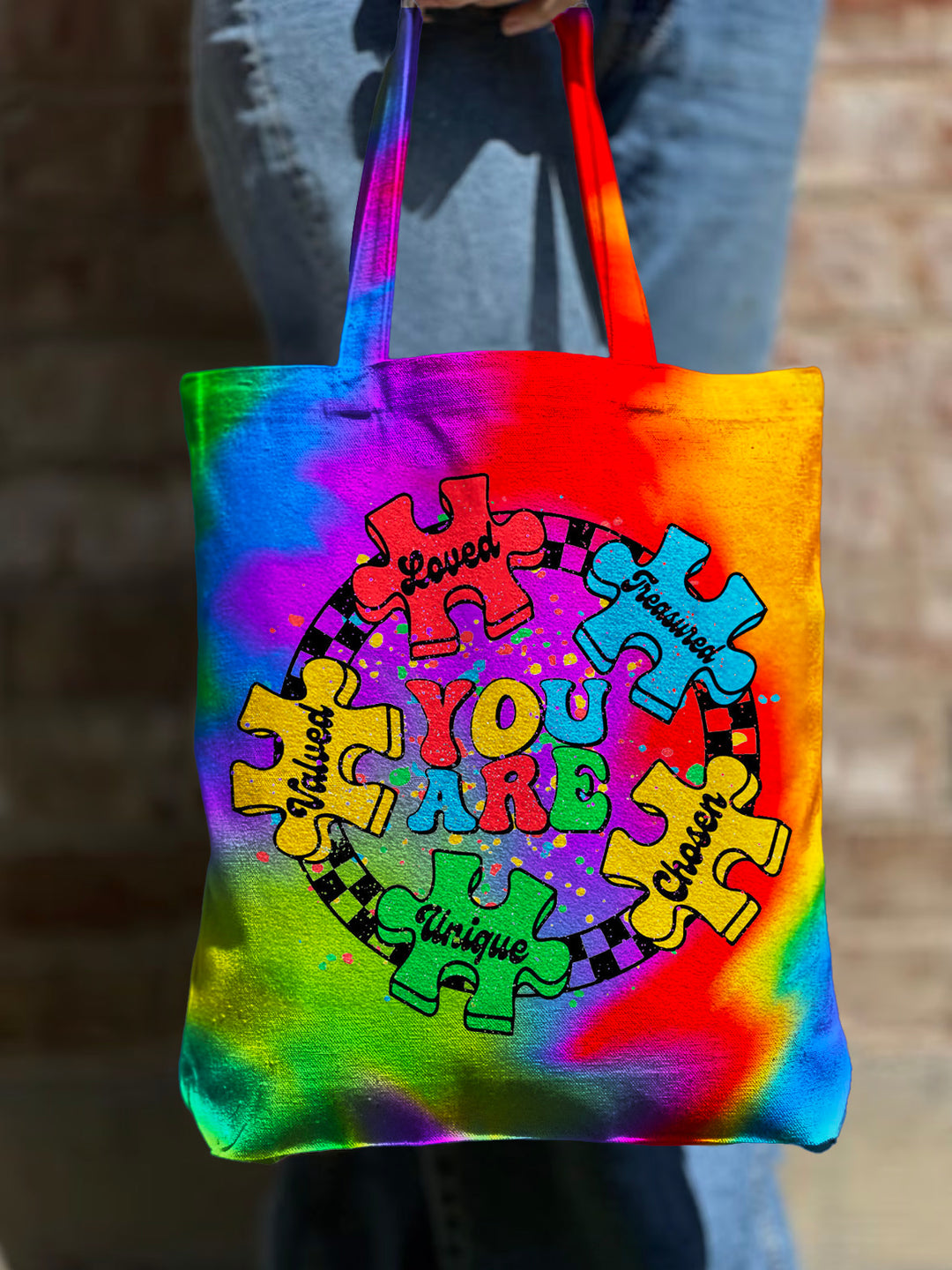 Autism Awareness Tie Dye Shoulder Zipper Canvas Bag