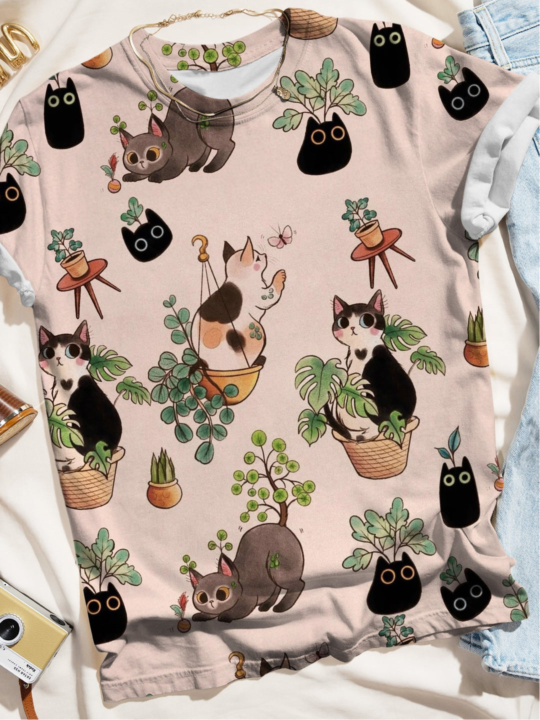 Cat Emoji Plant Spring Illustration Fun Print Casual T-shirt