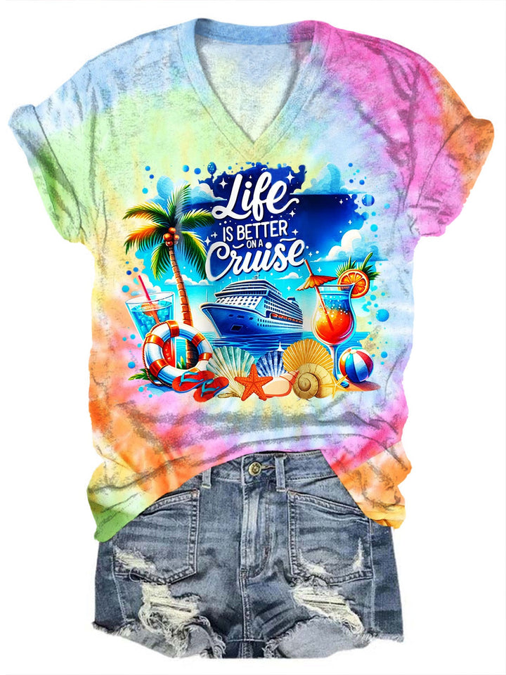 Life Is Better on A Cruise Tie Dye Print Crew Neck T-shirt