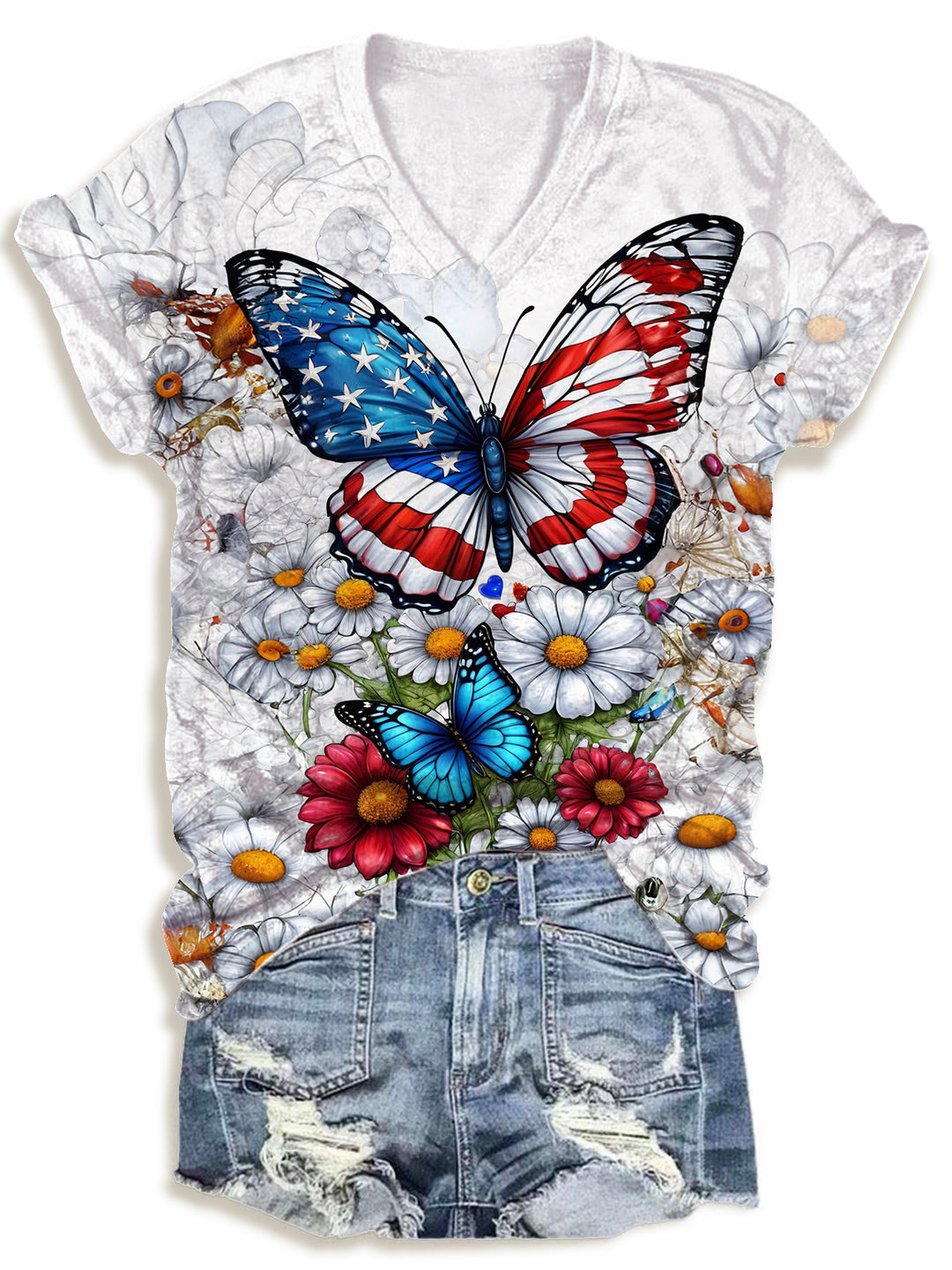 Floral Flag Butterfly Print V-neck T-Shirt