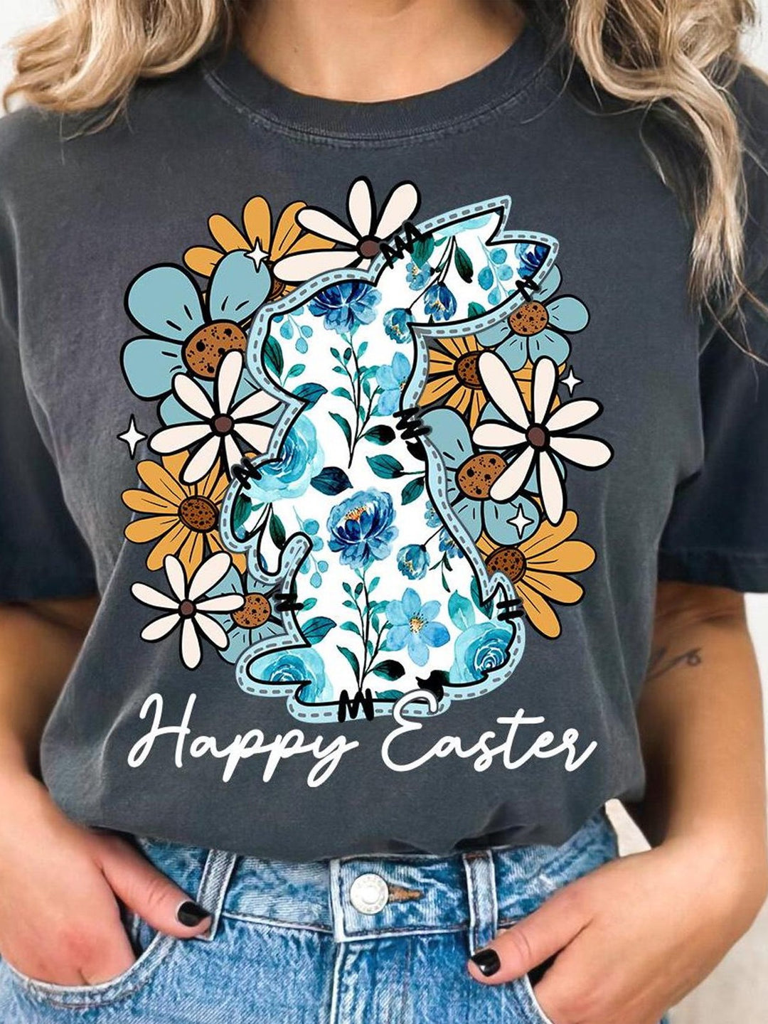 Happy Easter Bunny Floral Easter Crew Neck T-shirt