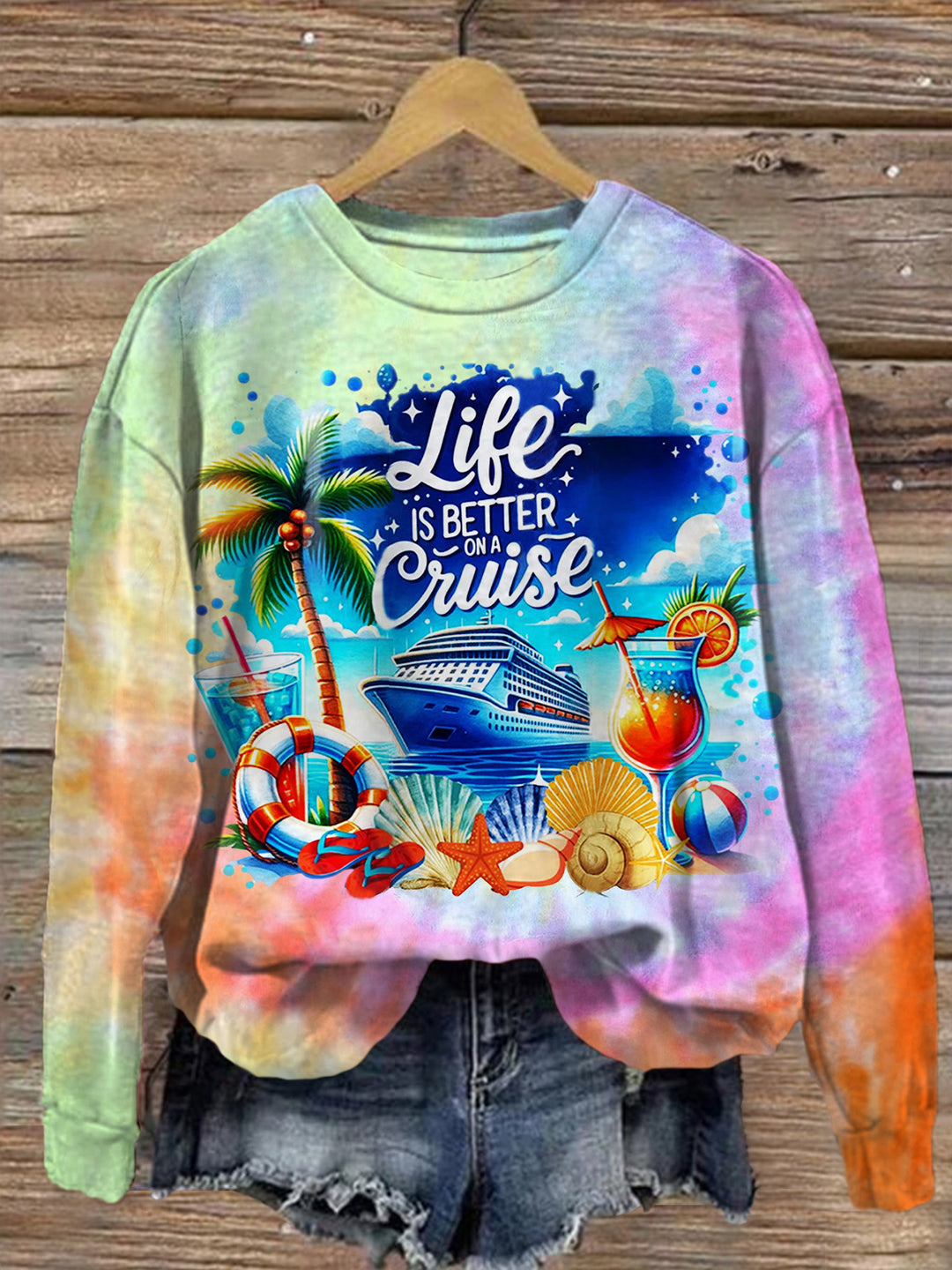 Life Is Better on A Cruise Tie Dye Printed Long Sleeve Casual Top