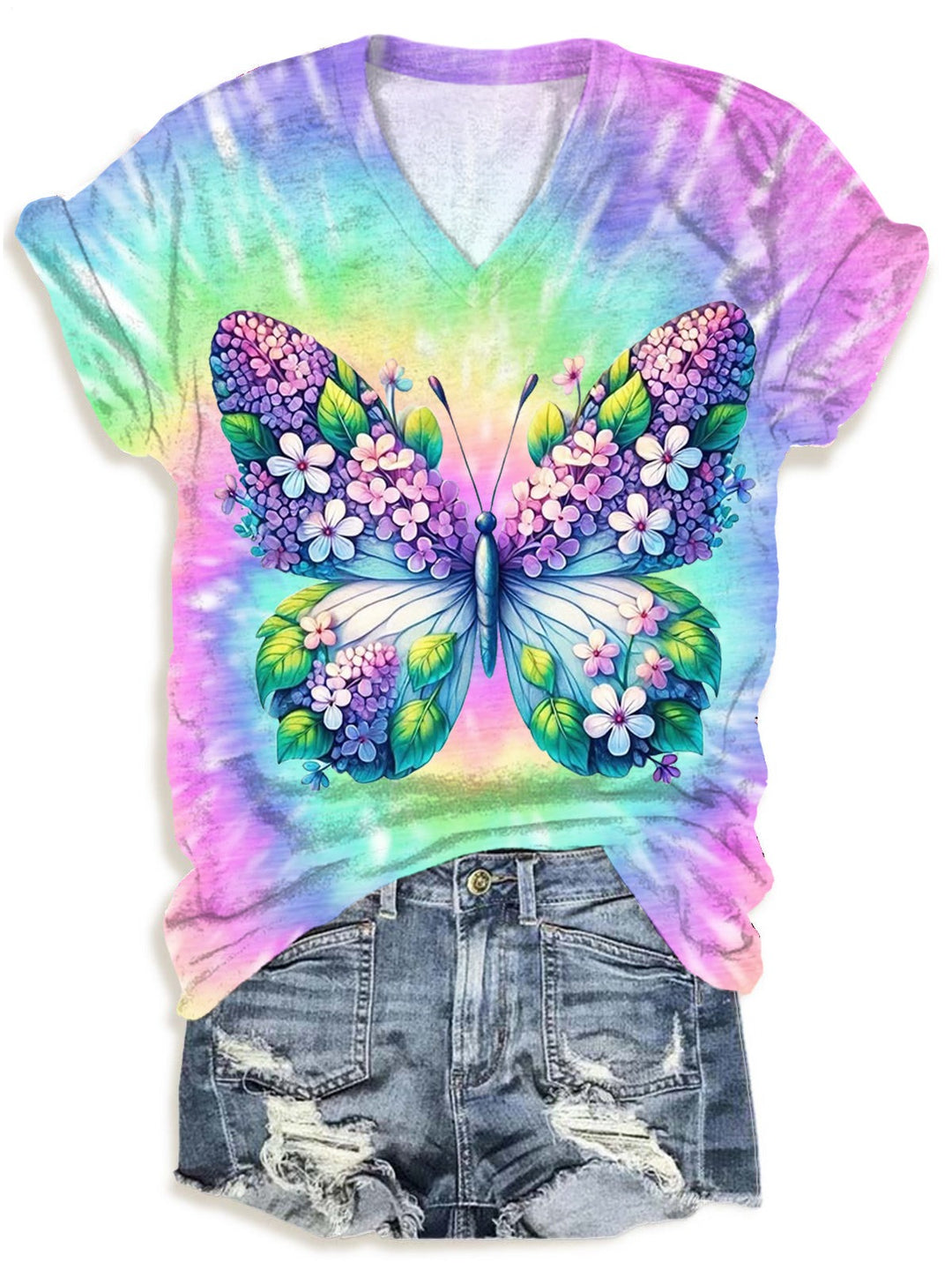 Spring Colorful Tie Dye Butterfly V-neck T-Shirt