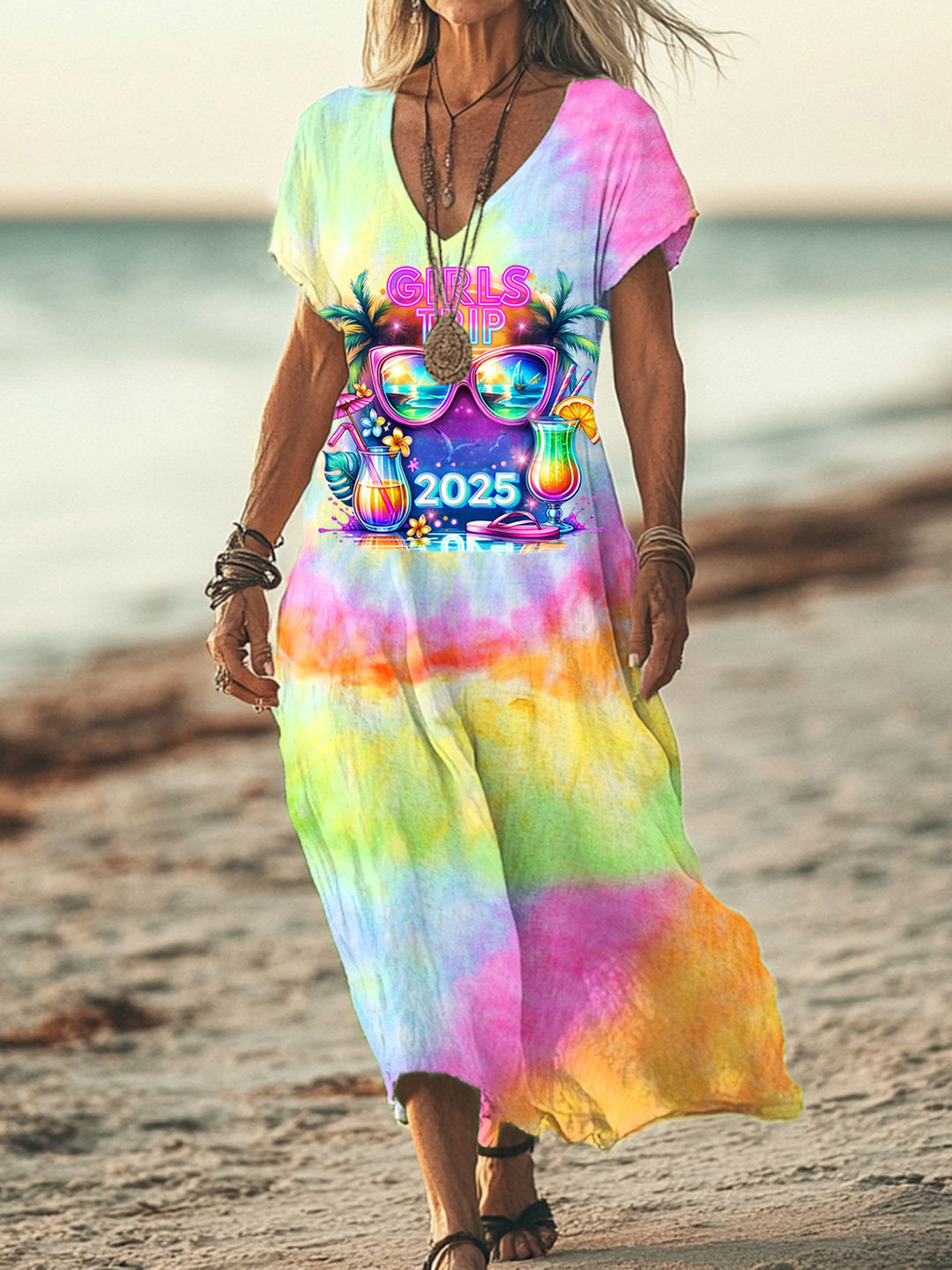 Girl's Trip 2025 Tie Dye Vacation  Long Dress