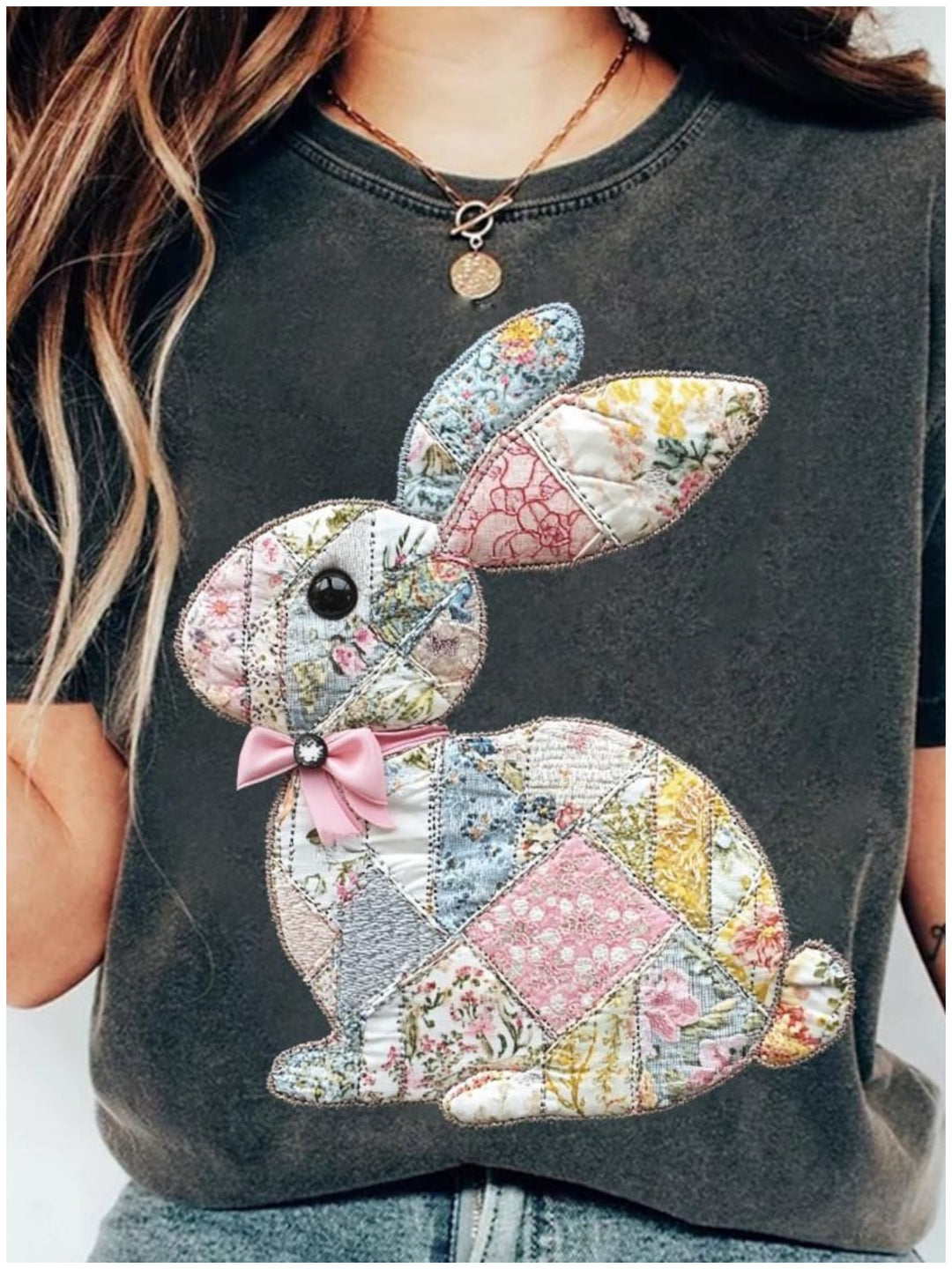 Easter Bunny Patchwork Floral Print T-shirt