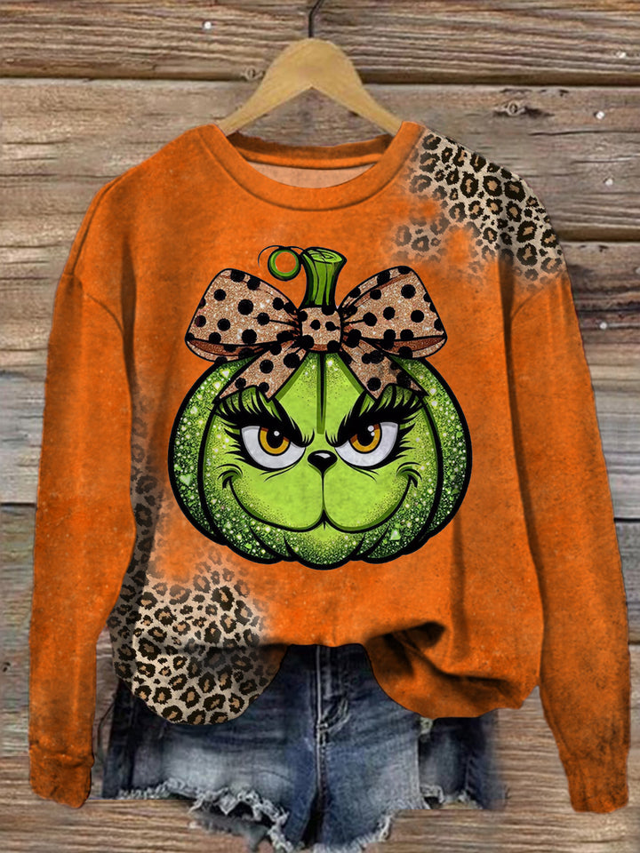 Women's Funny Christmas Leopard Pumpkin Long Sleeve Top