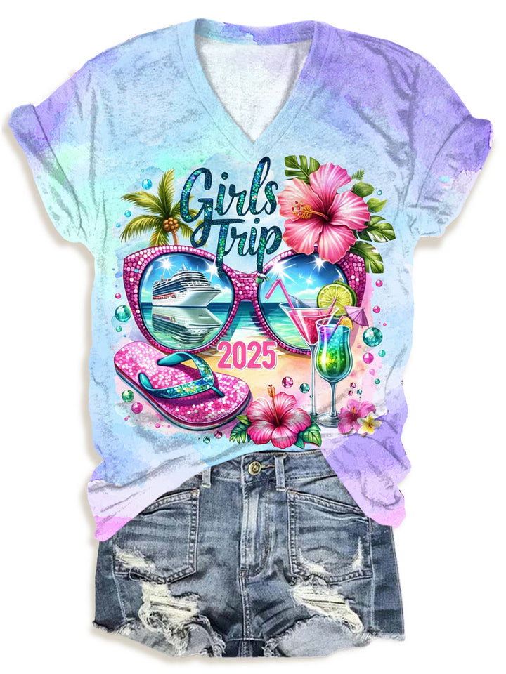 Girls Trip 2025 Tropical Cruise Trip V-Neck T-Shirt