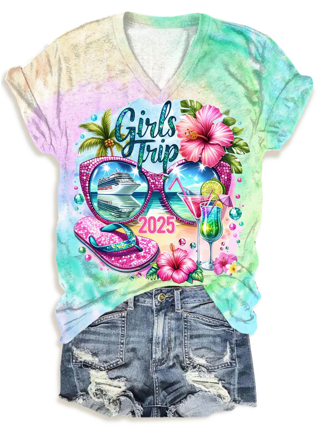 Girls Trip 2025 Tropical Cruise Trip V-Neck T-Shirt