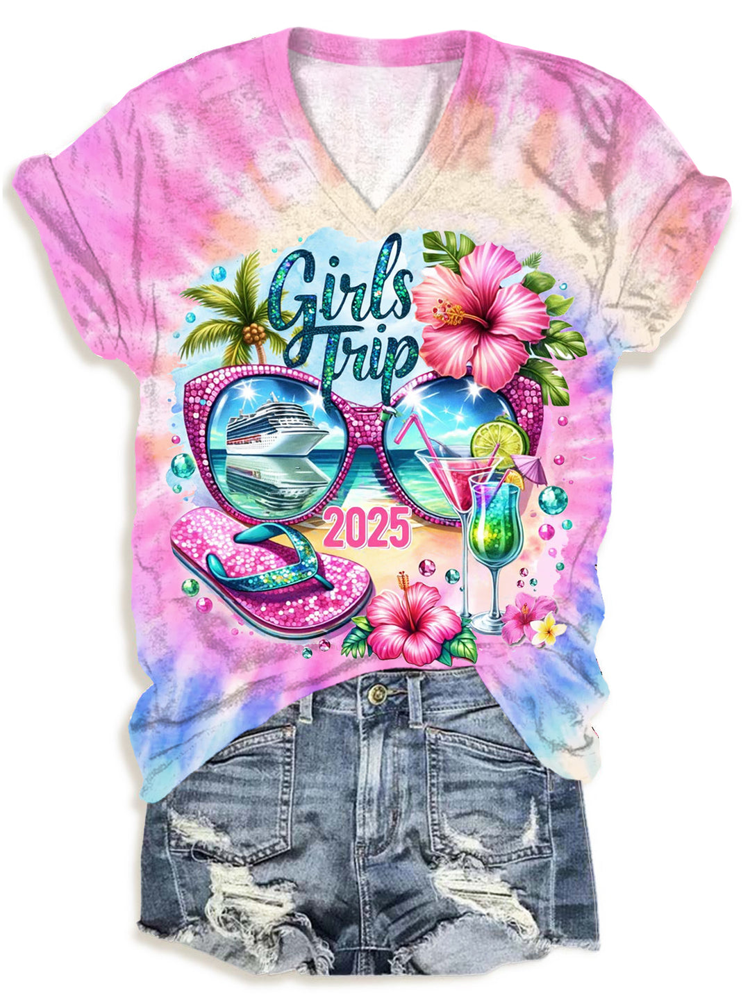 Girls Trip 2025 Tropical Cruise Trip V-Neck T-Shirt