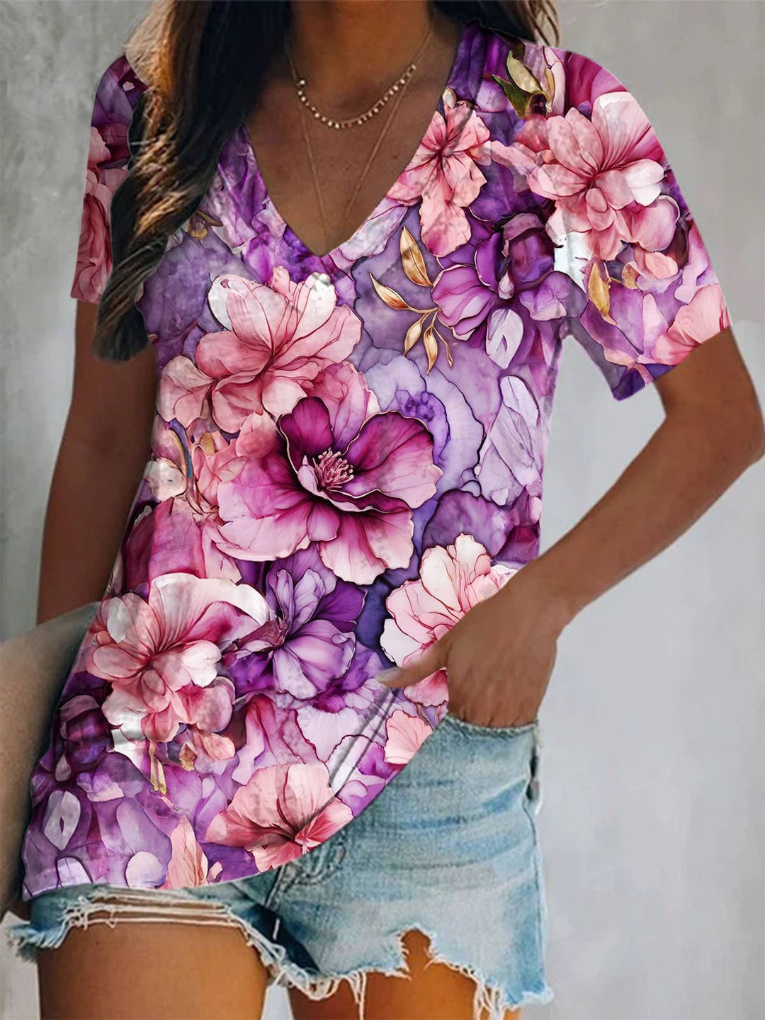 Purple Floral Print Short Sleeve V Neck Print Top