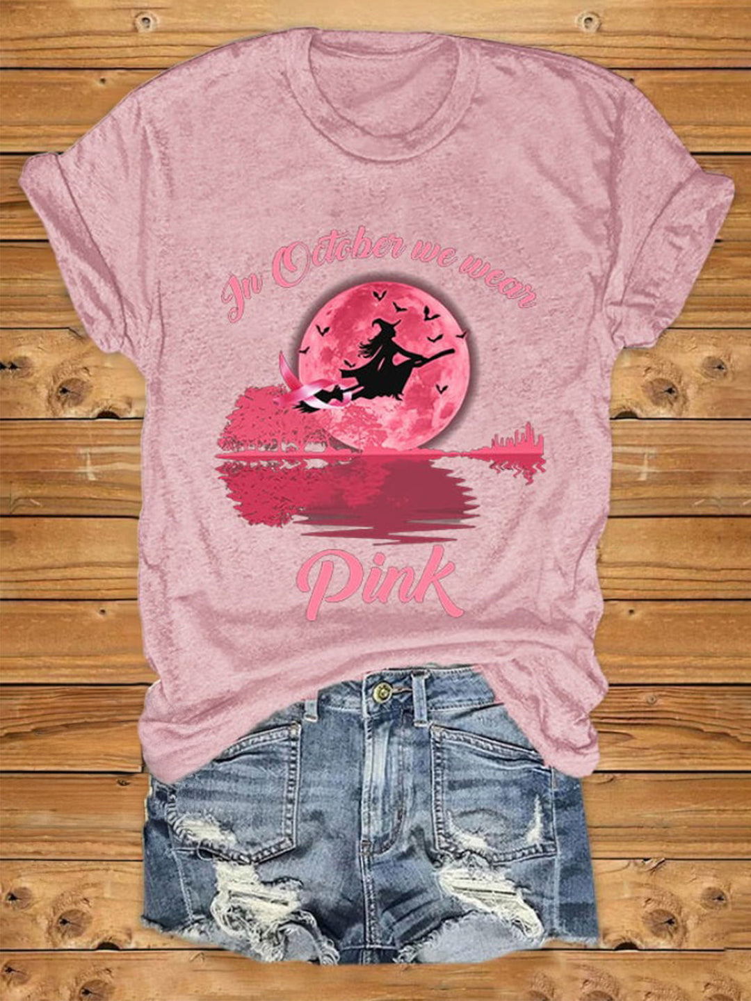 Breast Cancer Awareness Halloween Witch In October We Wear Pink Print T-Shirt