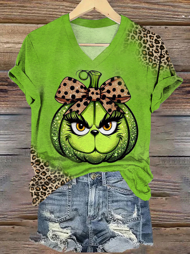 Women's Funny Christmas Leopard Pumpkin Long Sleeve Top