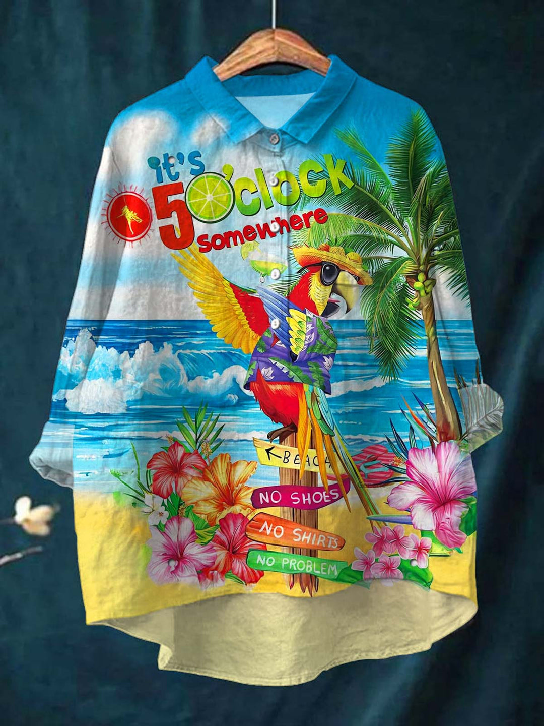 It's 5 O'Clock Somewhere Parrot Print Puff Wrinkle Casual Shirt