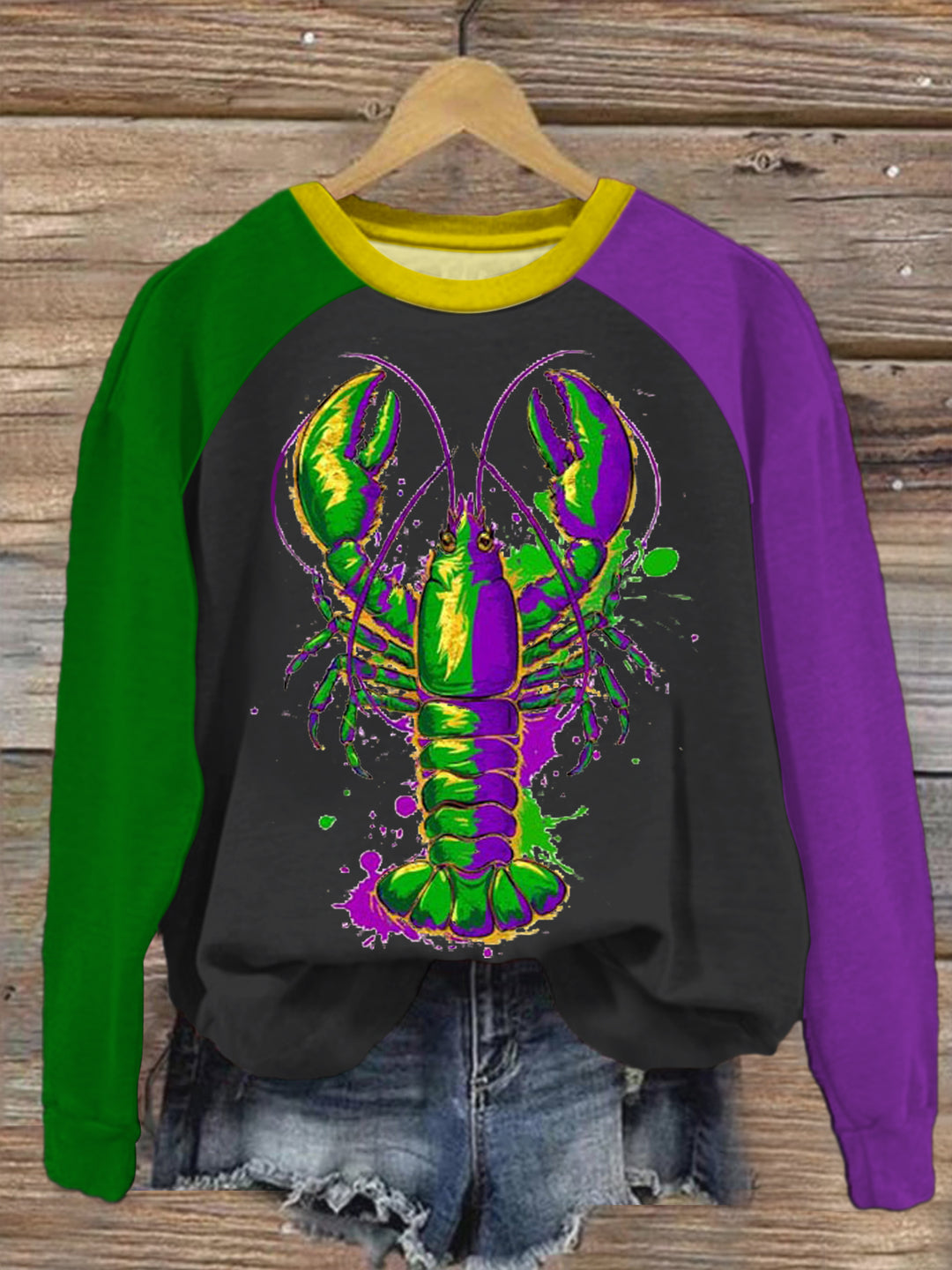 Mardi Gras Crawfish Season Print Long Sleeve Casual Top