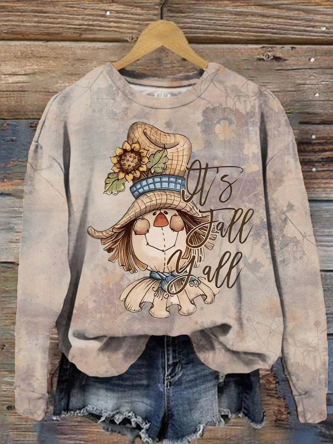 It's Fall Yall Scarecrow Vintage Print Long Sleeve Top