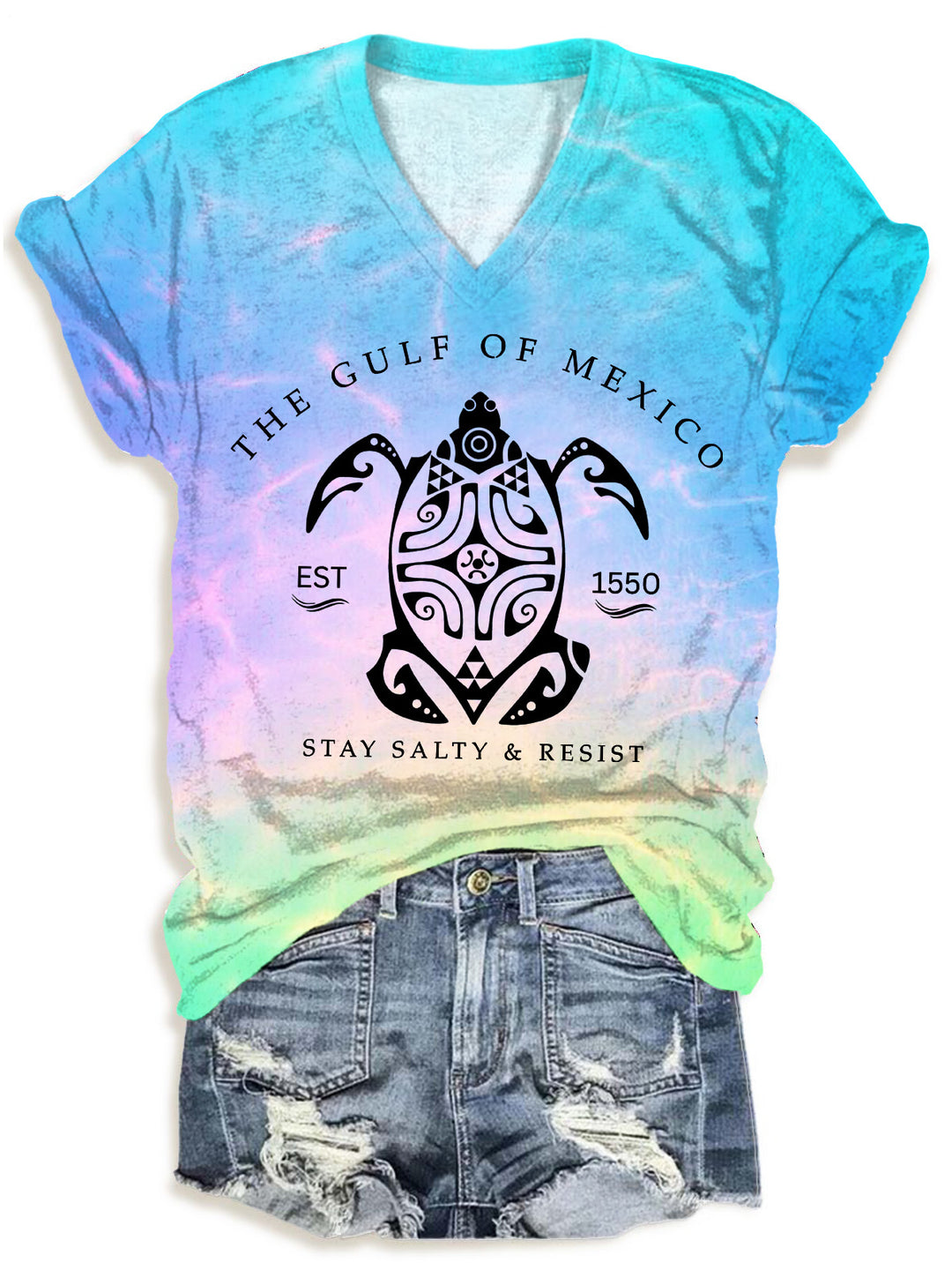 Gulf of Mexico Stay Salty Ocean Gradient Color Print V-neck T-Shirt