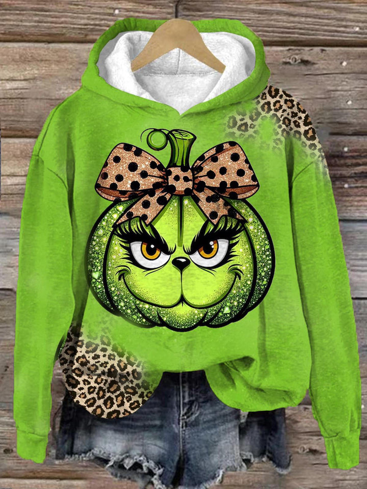 Women's Funny Christmas Leopard Pumpkin Long Sleeve Top