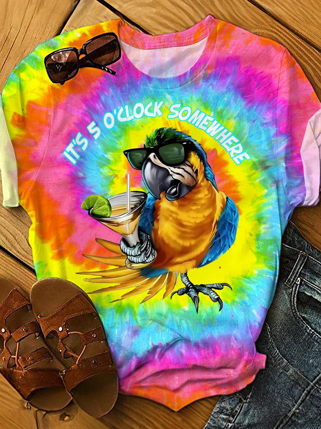 Summer Vacation Parrot Printed Crew Neck T-shirt