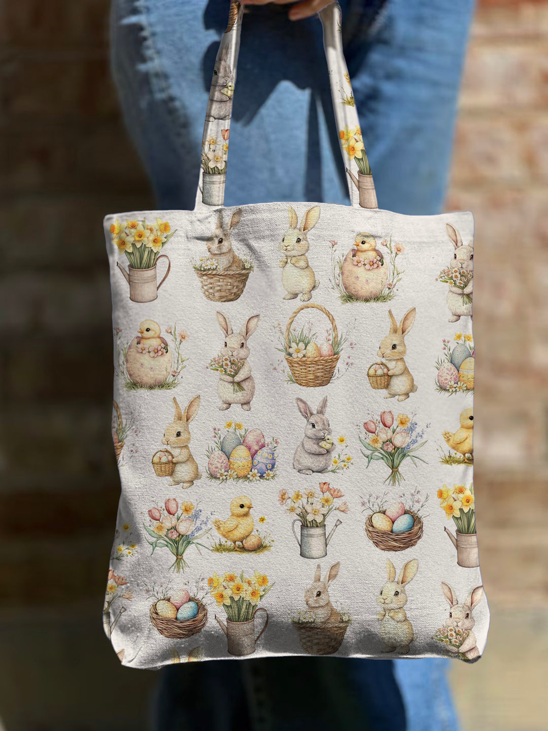 Easter Bunny Floral Shoulder Zipper Canvas Bag