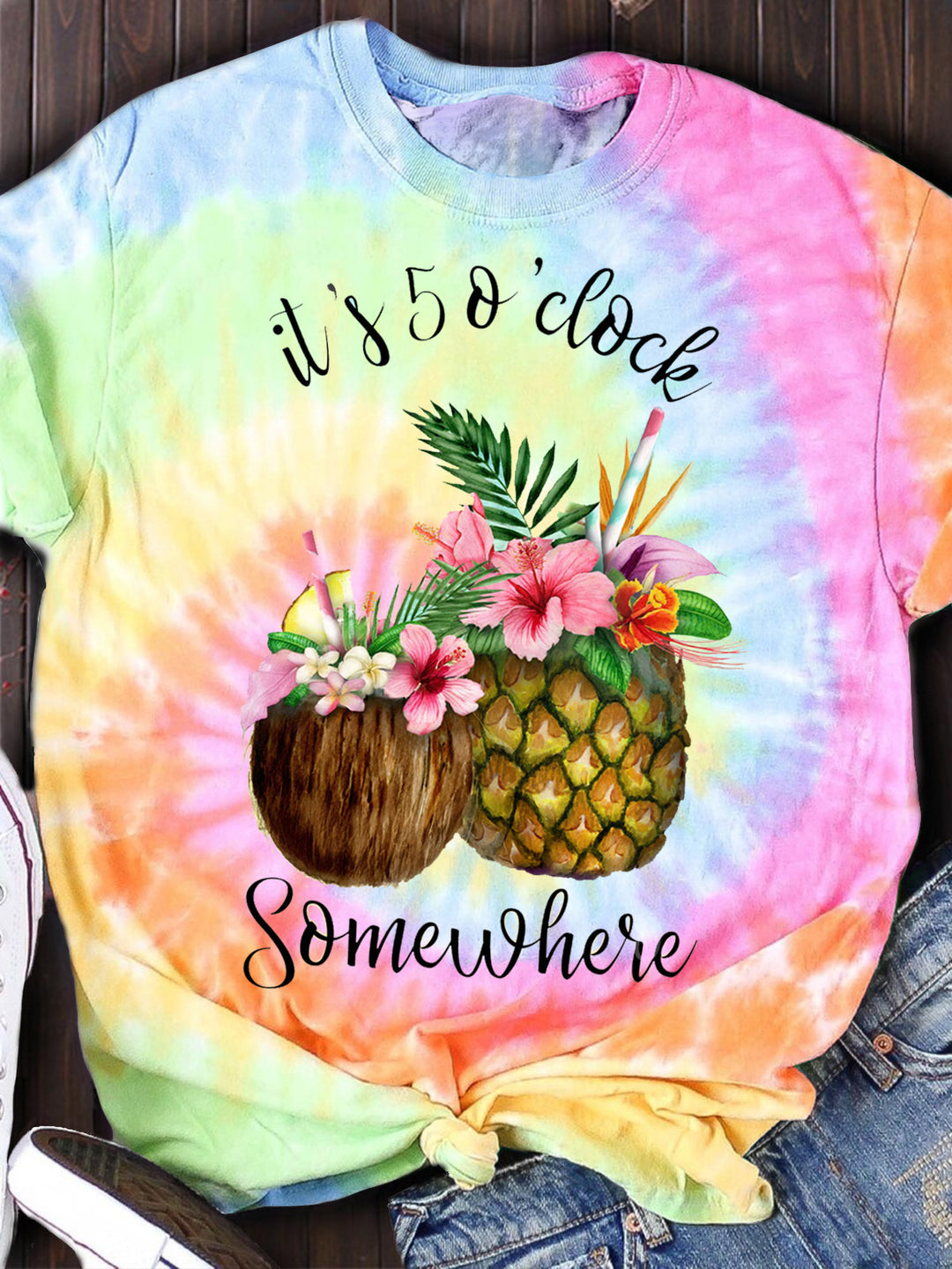 It's 5 O'Clock Somewhere Tie Dye Crew Neck T-shirt