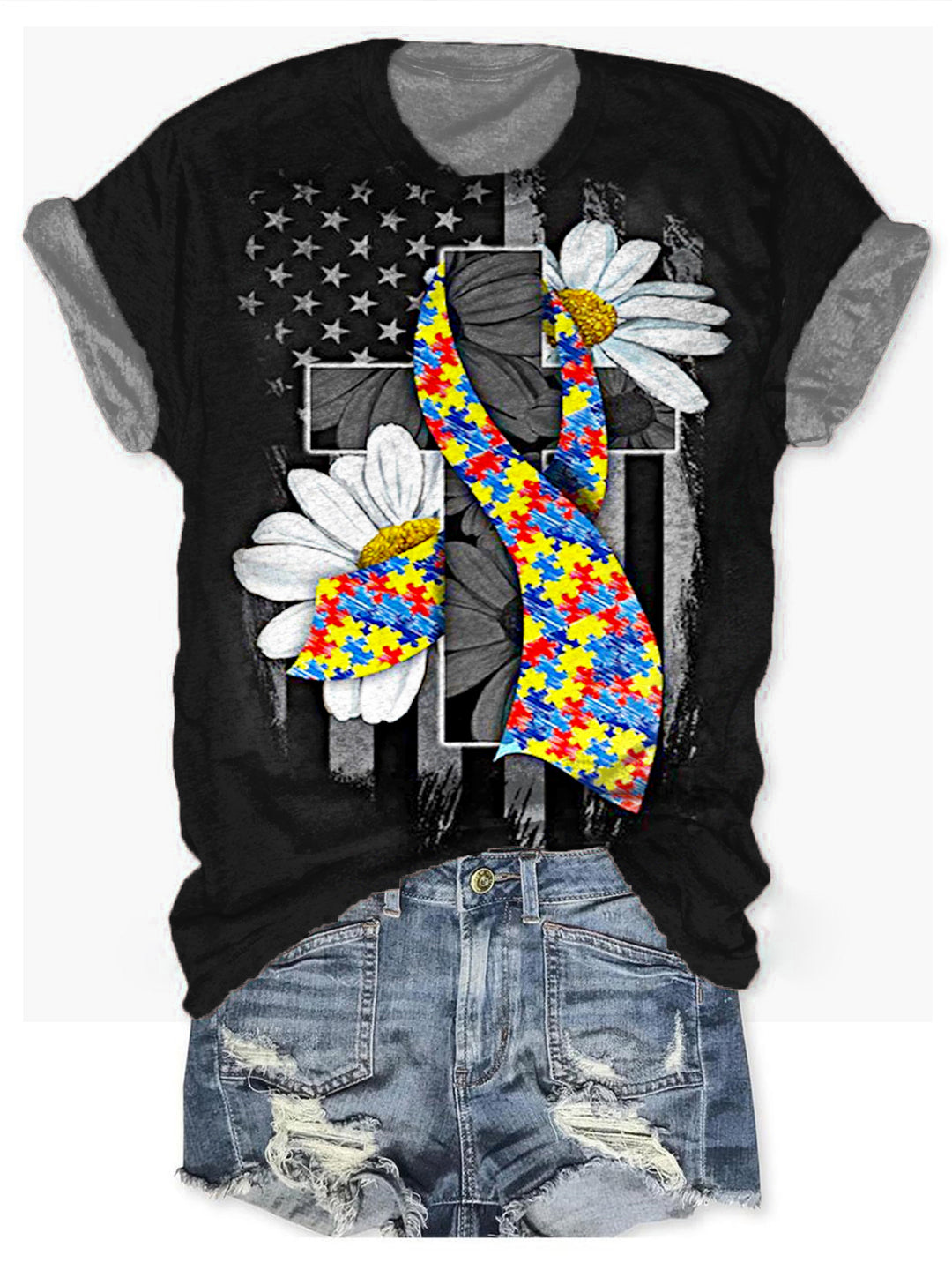 Daisy Flag Autism Crew Neck T-shirt