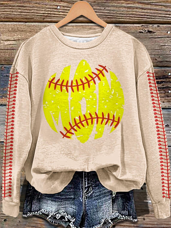 Vintage Baseball Mom Print Long Sleeve Casual Top