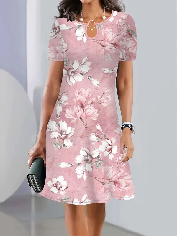 Women's Flowers Small U Neck Short Sleeve Dress