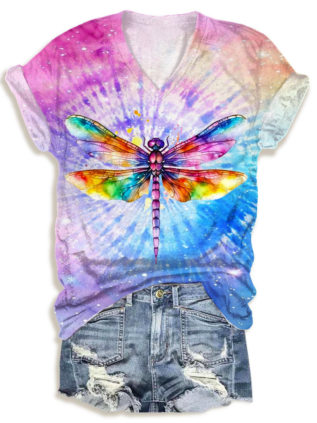 Spring And Summer Colorful Dragonfly V-neck T-Shirt