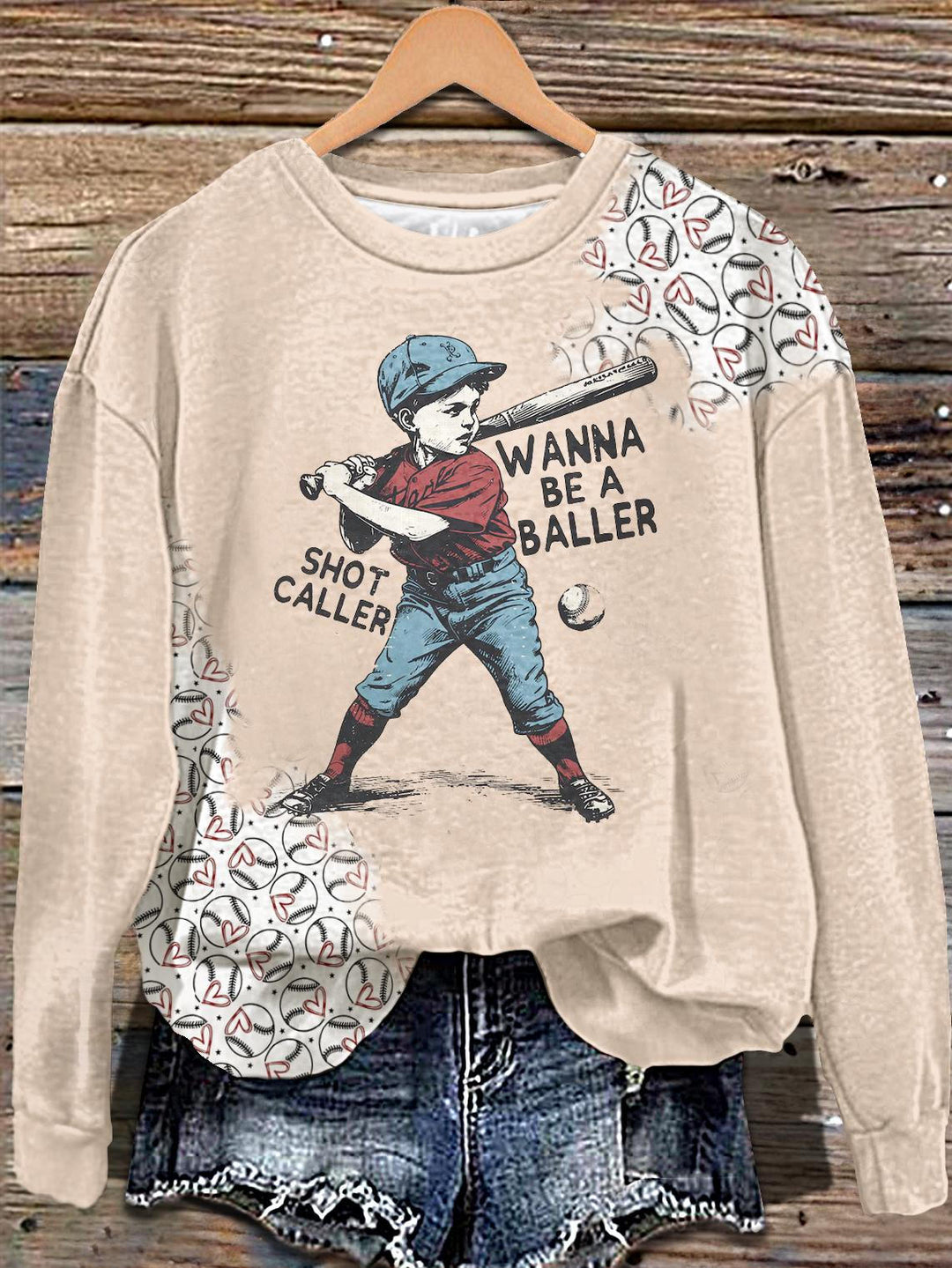 Retro Baseball Hand Printed Long Sleeve Casual Top