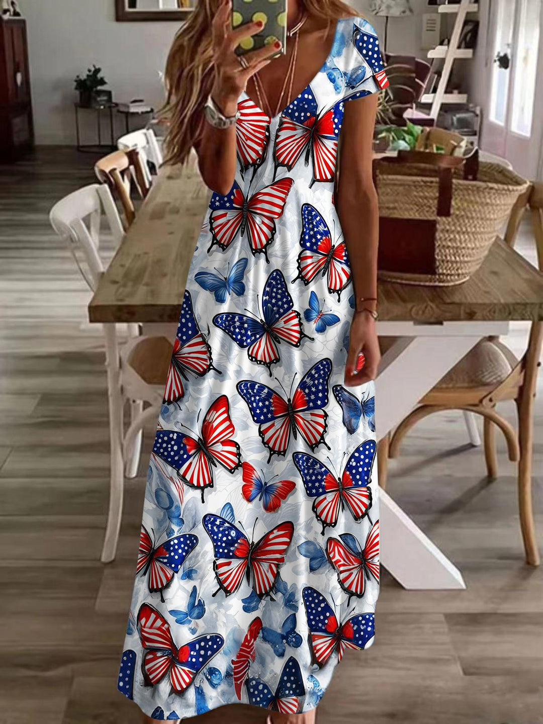 Stars And Stripes Butterfly Print Short Sleeve V Neck Maxi Dress