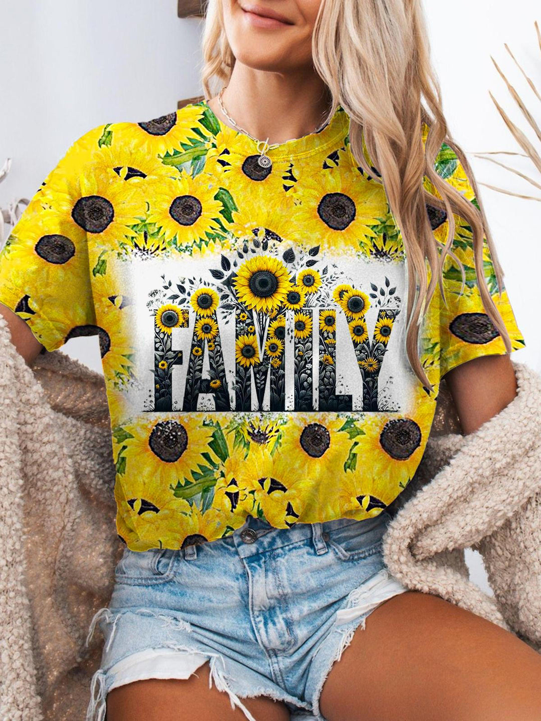 Spring And Summer Family Sunflower Print Crew Neck T-shirt