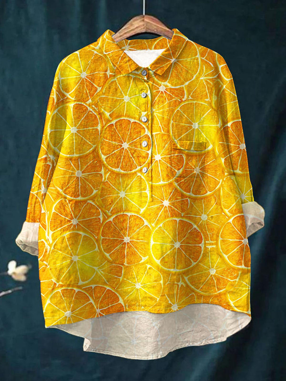 Summer Orange Print Puff Wrinkle Casual Shirt