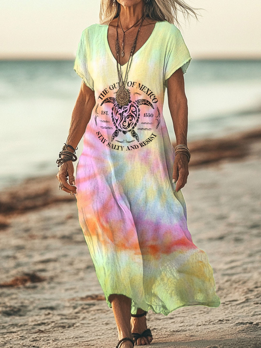 Gulf Of Mexico Tie-dye V-neck Short Sleeved Long Dress