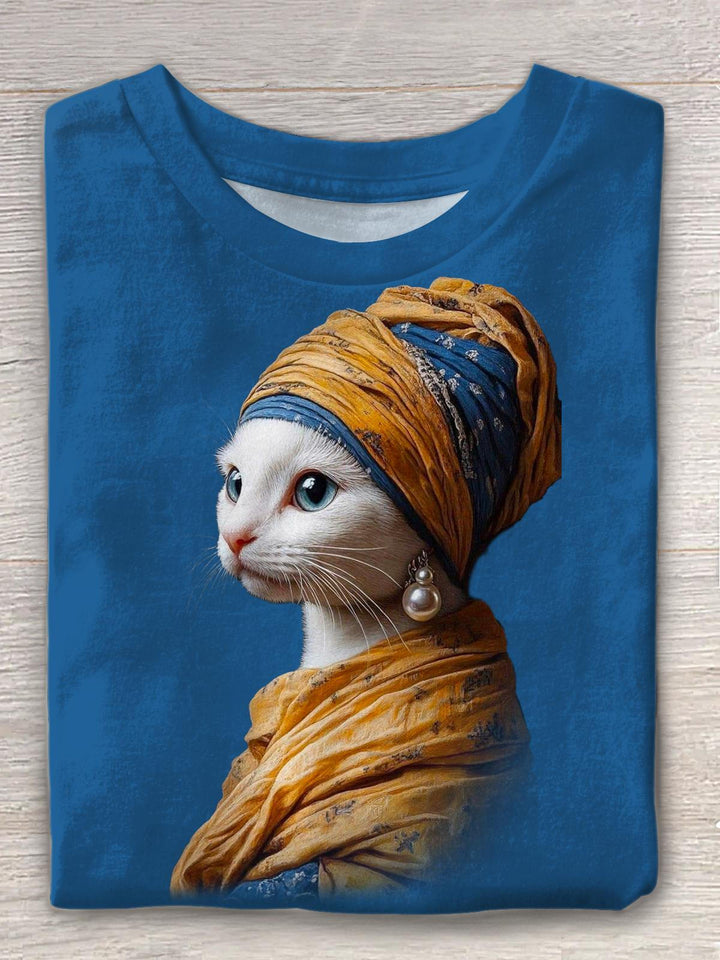 Retro kitten Print With Pearls Crew Neck T-shirt