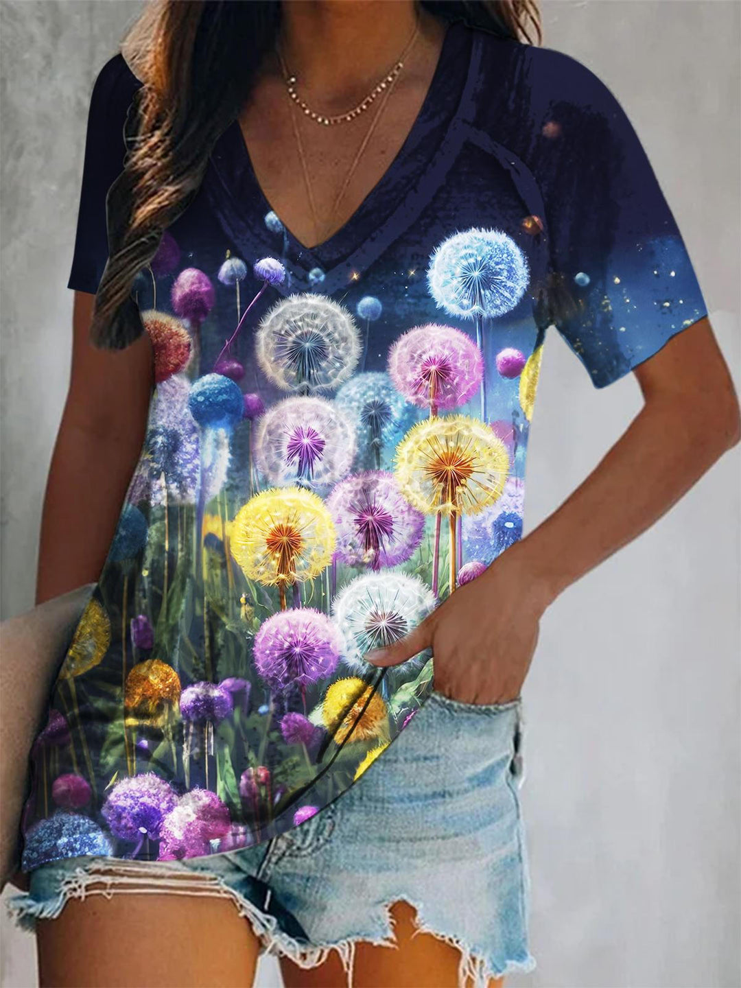 Summer Dandelion Print Short Sleeve V Neck Print Top