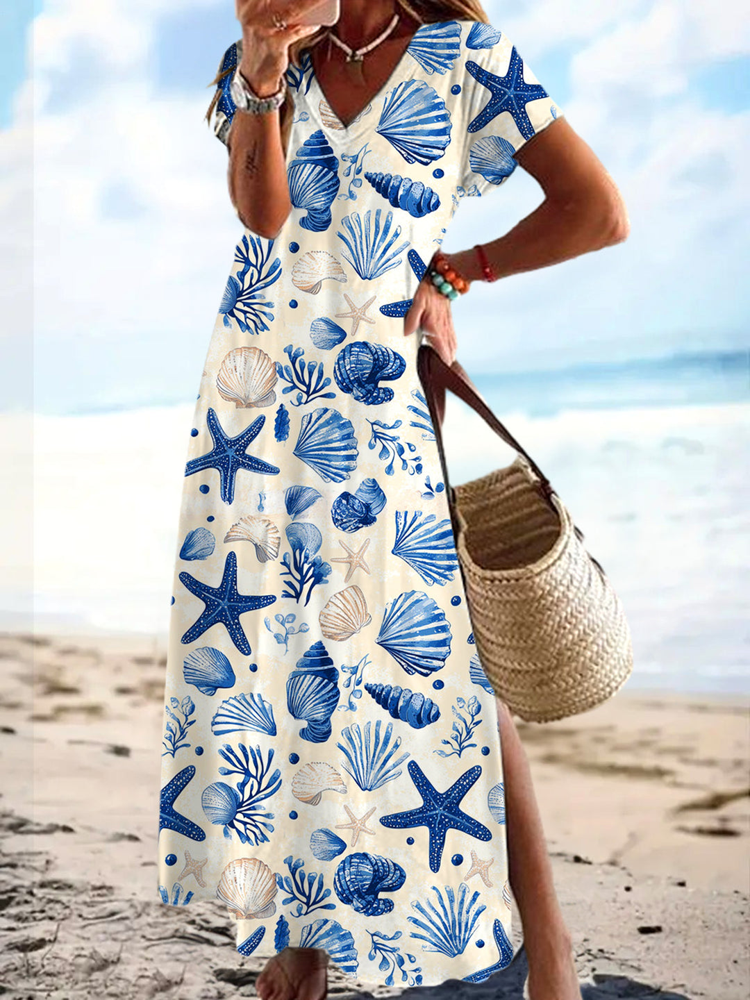 Sea Life Vacations Short Sleeve V Neck Maxi Dress