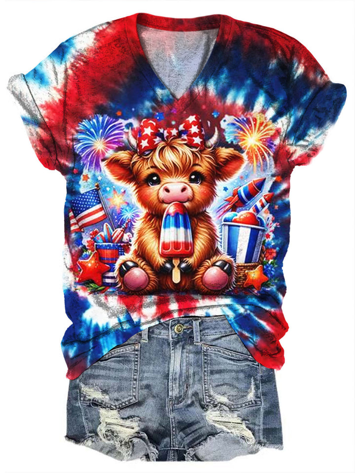 4th Of July Cute Highland Cow Print Tie Dye Top