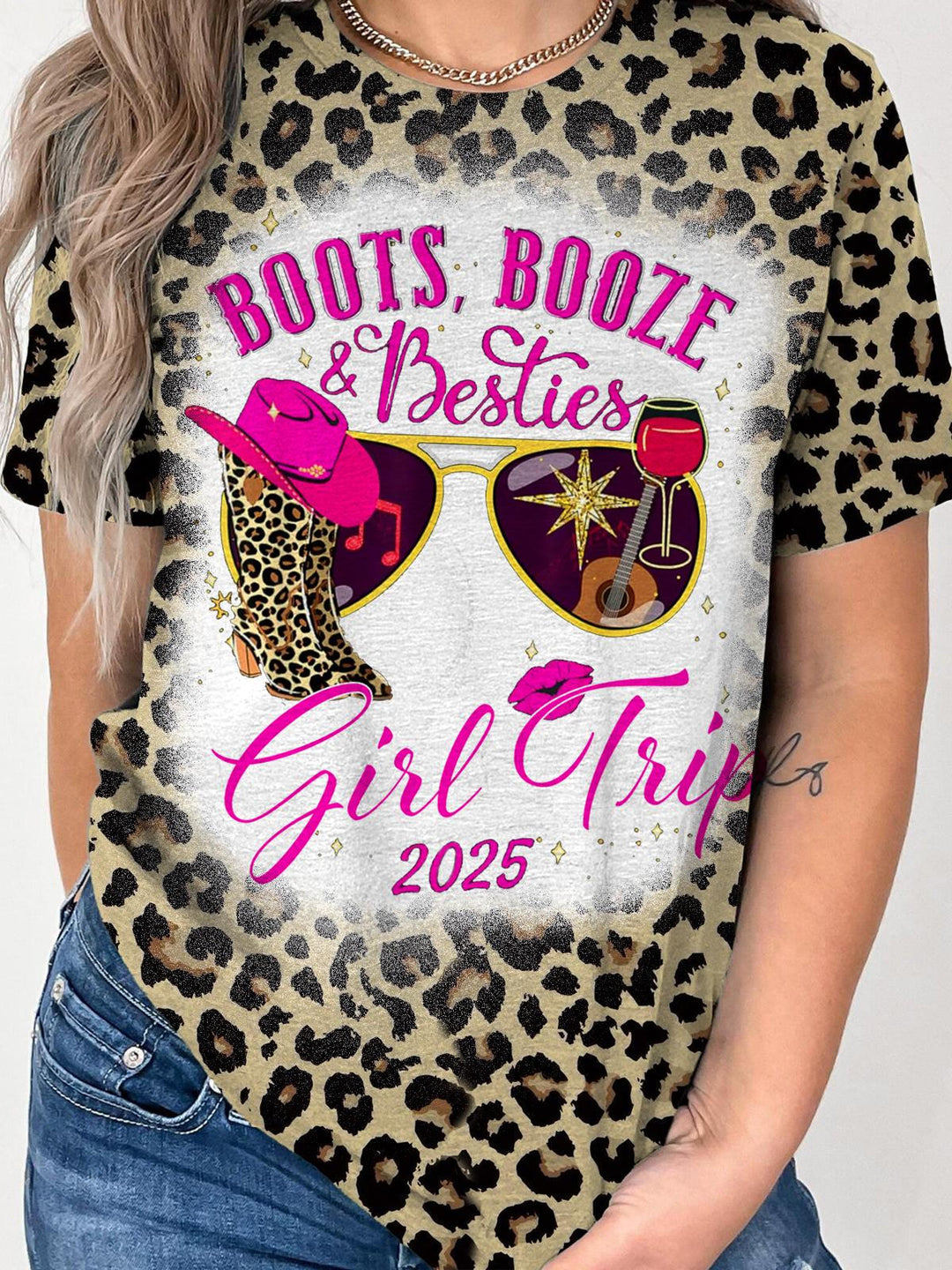 Girl Trip 2025 Leopard Print Crew Neck T-shirt