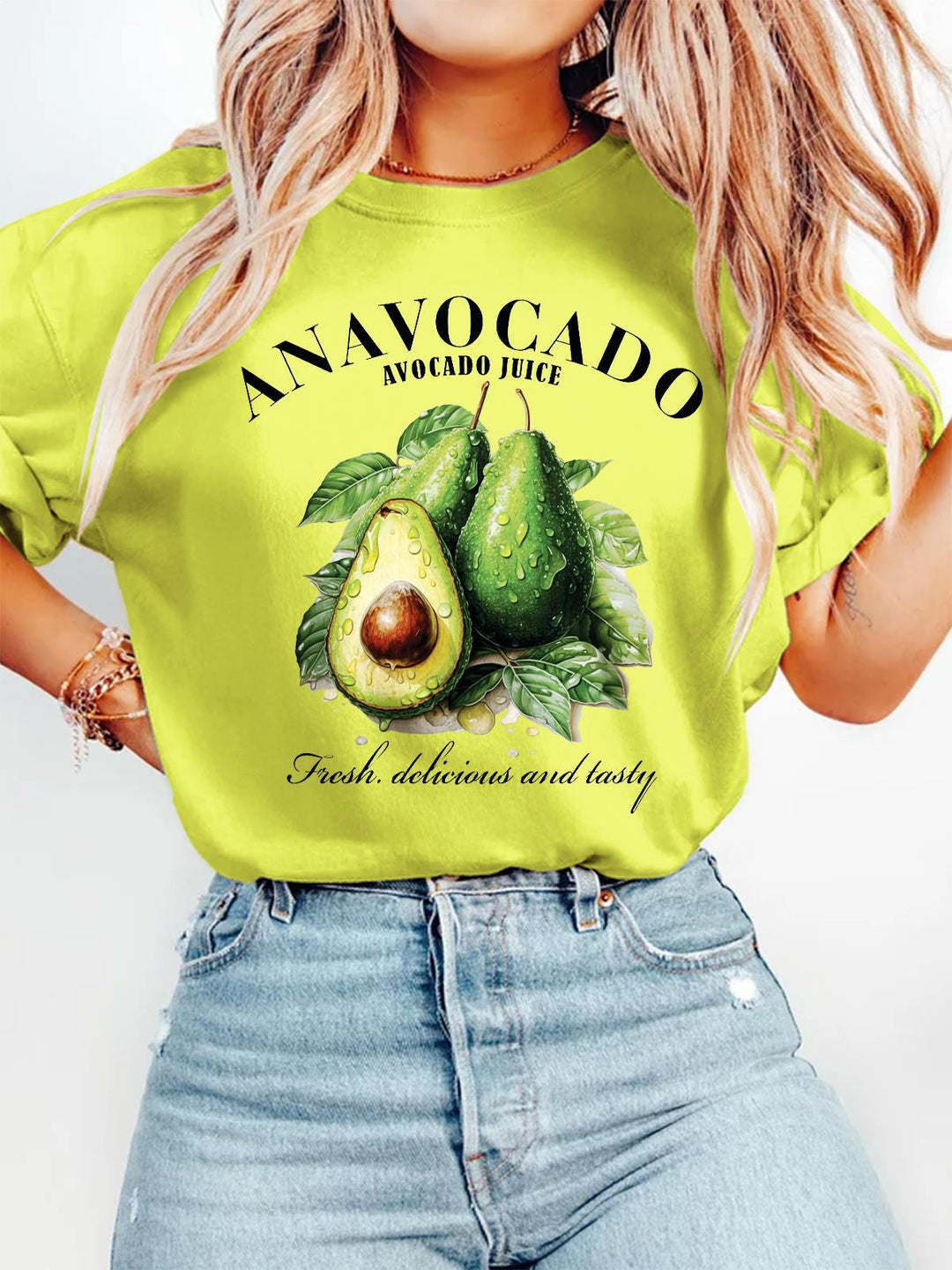 Green Avocado Print Crew Neck T-shirt