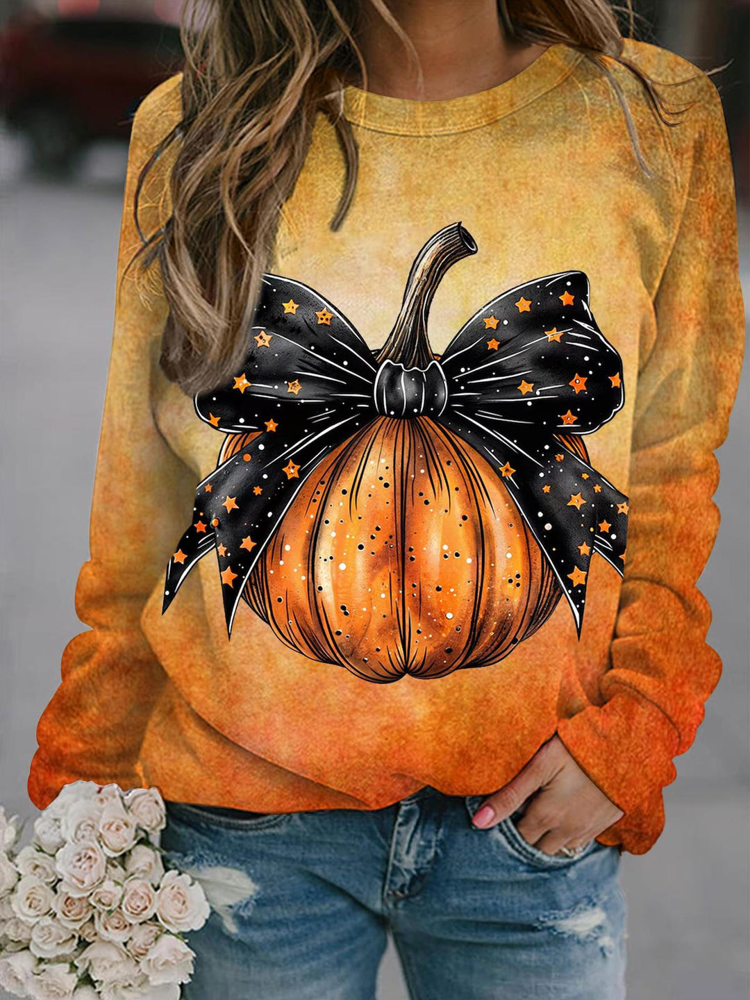 Autumn Pumpkin Vintage Bow Long Sleeve Printed Top