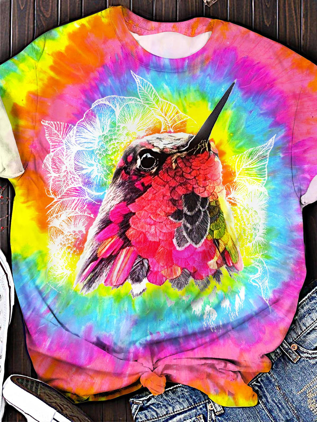 Tie-Dye Hummingbird Print Crew Neck T-shirt