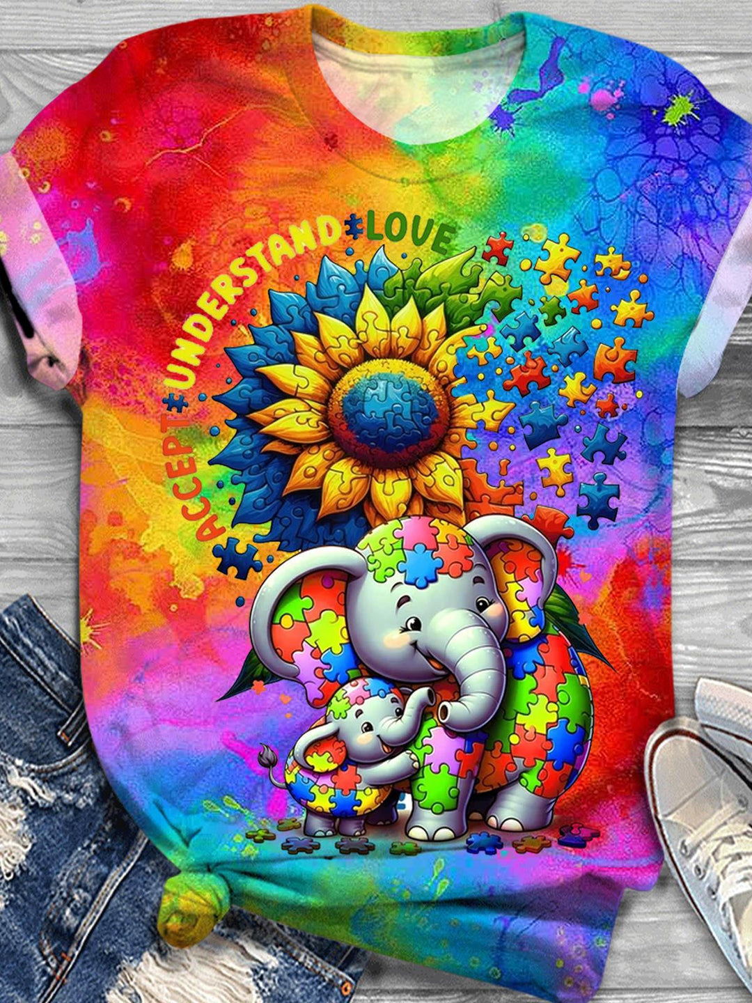 Autism Awareness Sunflower Elephant Mom Baby Crew Neck T-shirt