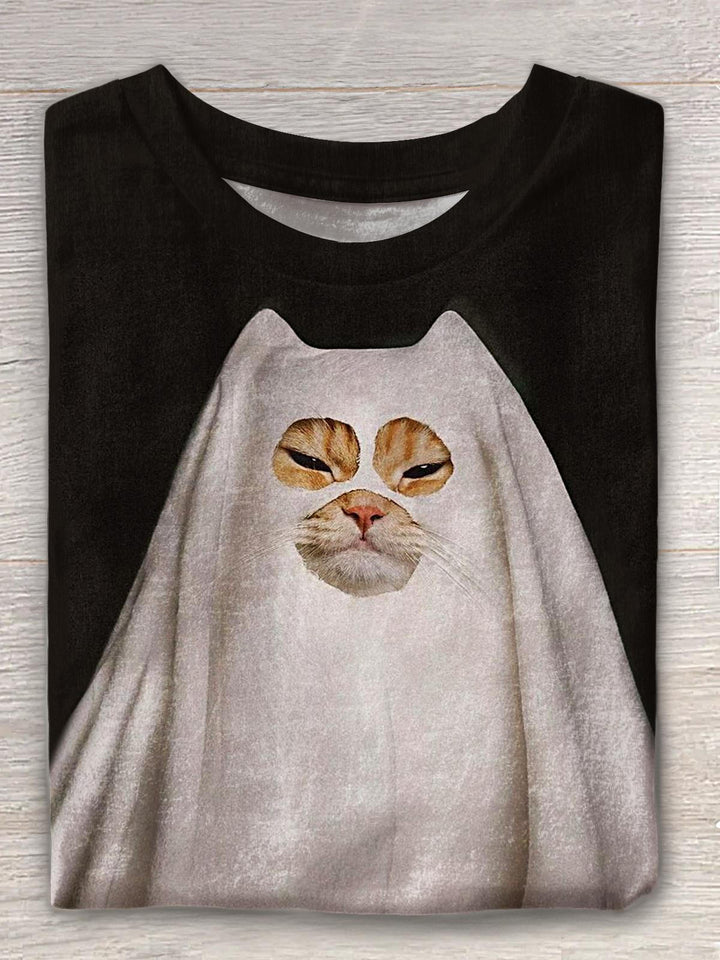 Cute Ghost Cat Print Crew Neck T-shirt