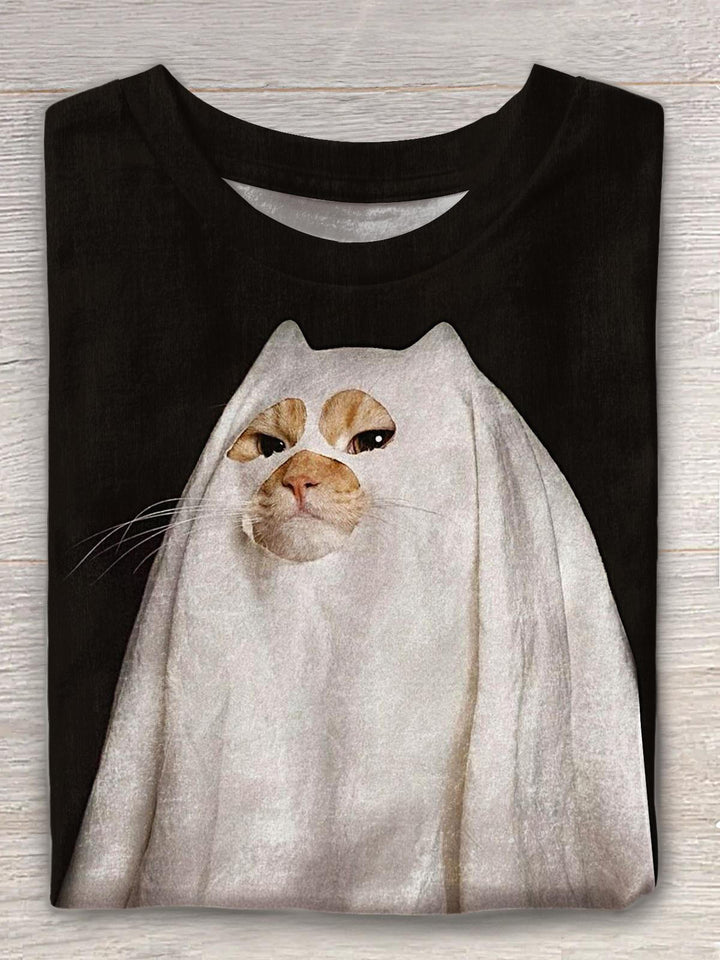 Cute Ghost Cat Print Crew Neck T-shirt