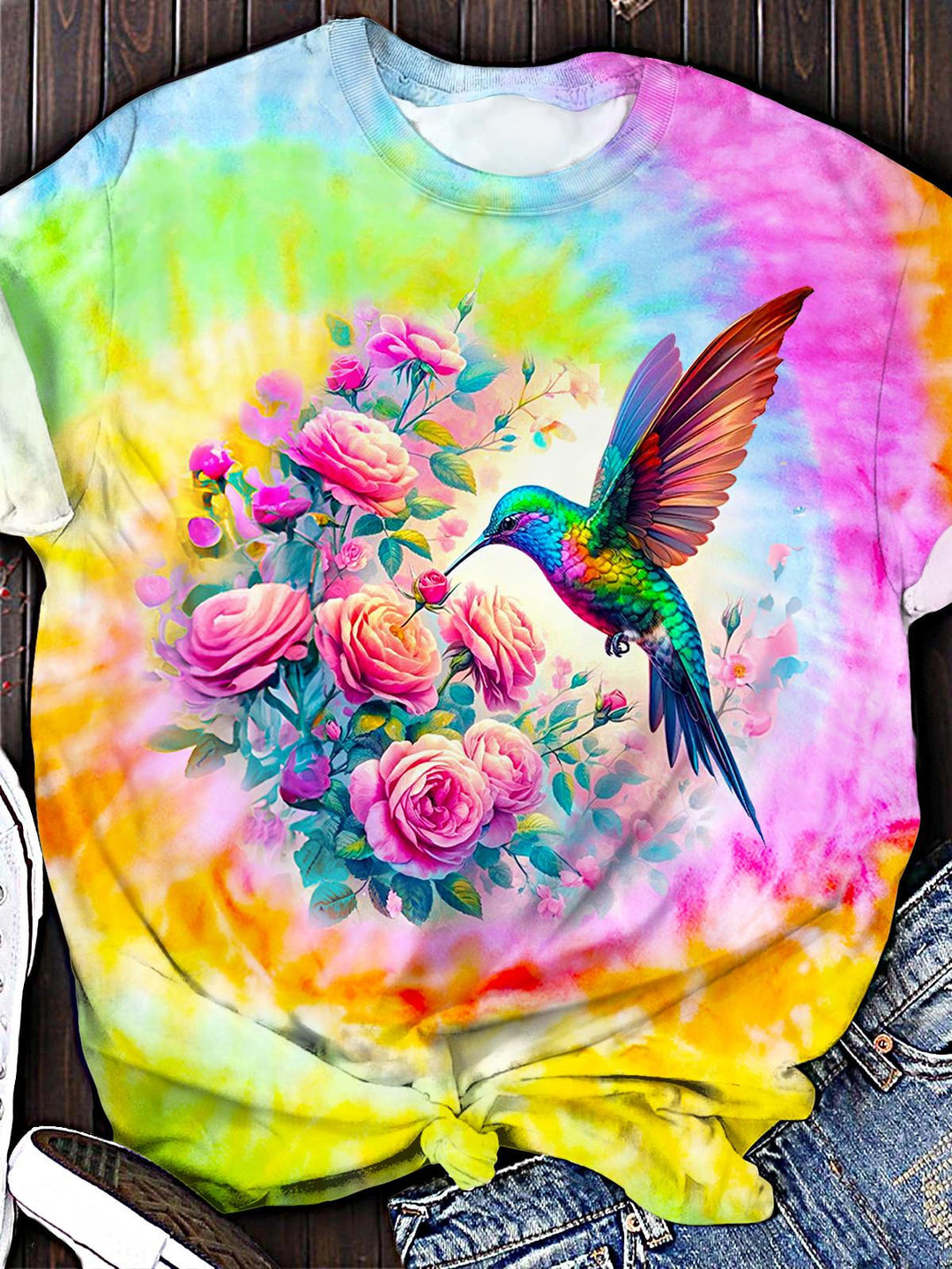 Spring Floral Hummingbird Print Crew Neck T-shirt