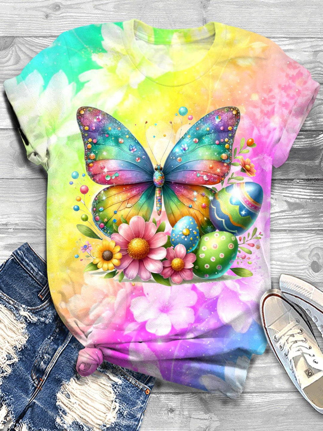 Colorful Easter Butterfly Crew Neck T-shirt