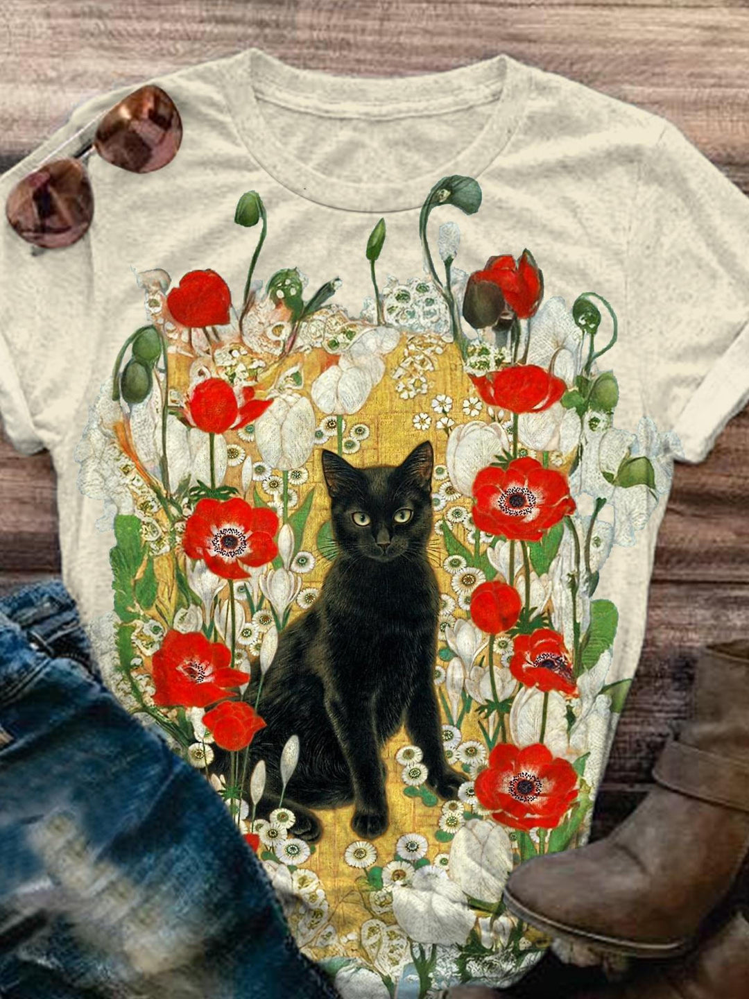 Cute Cat Floral Spring And Summer Casual Vacation Print T-shirt